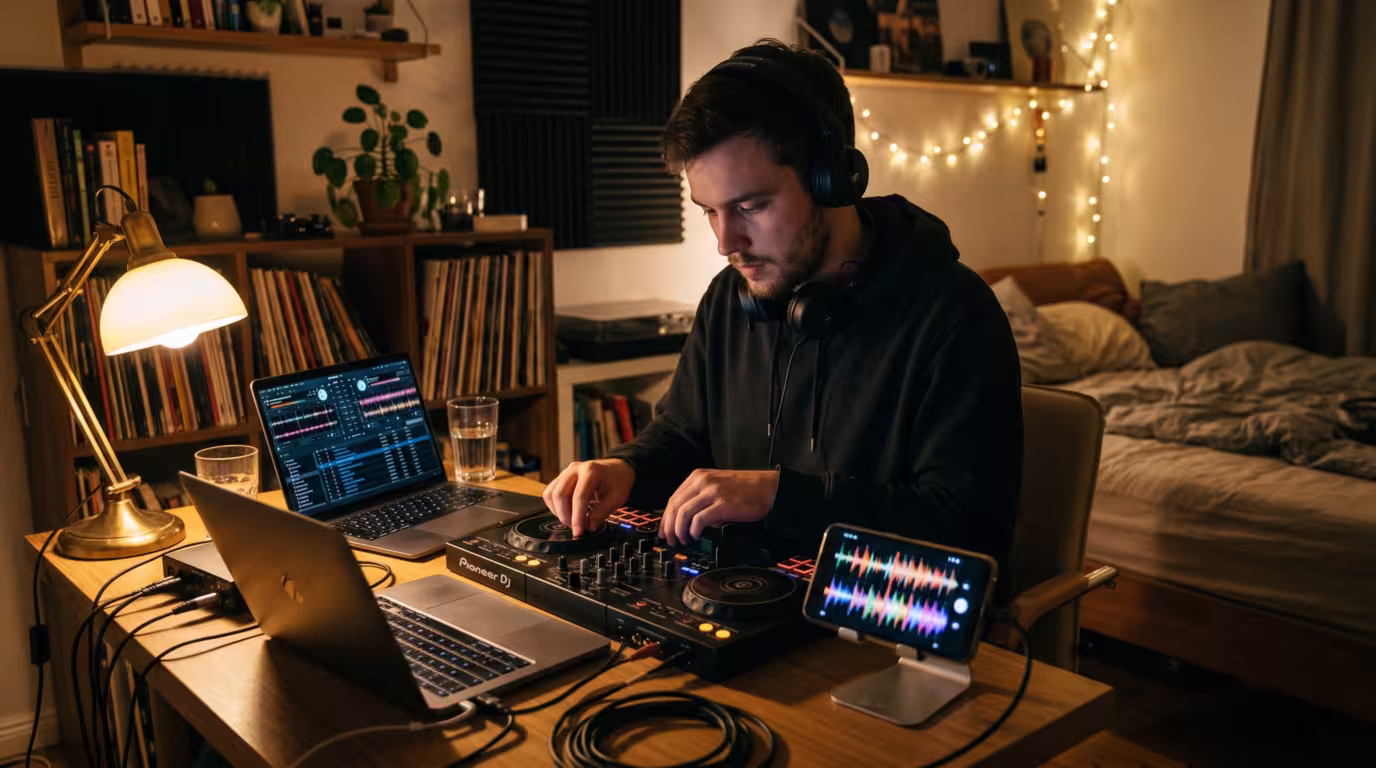 A DJ recording a mix at home with a laptop and controller