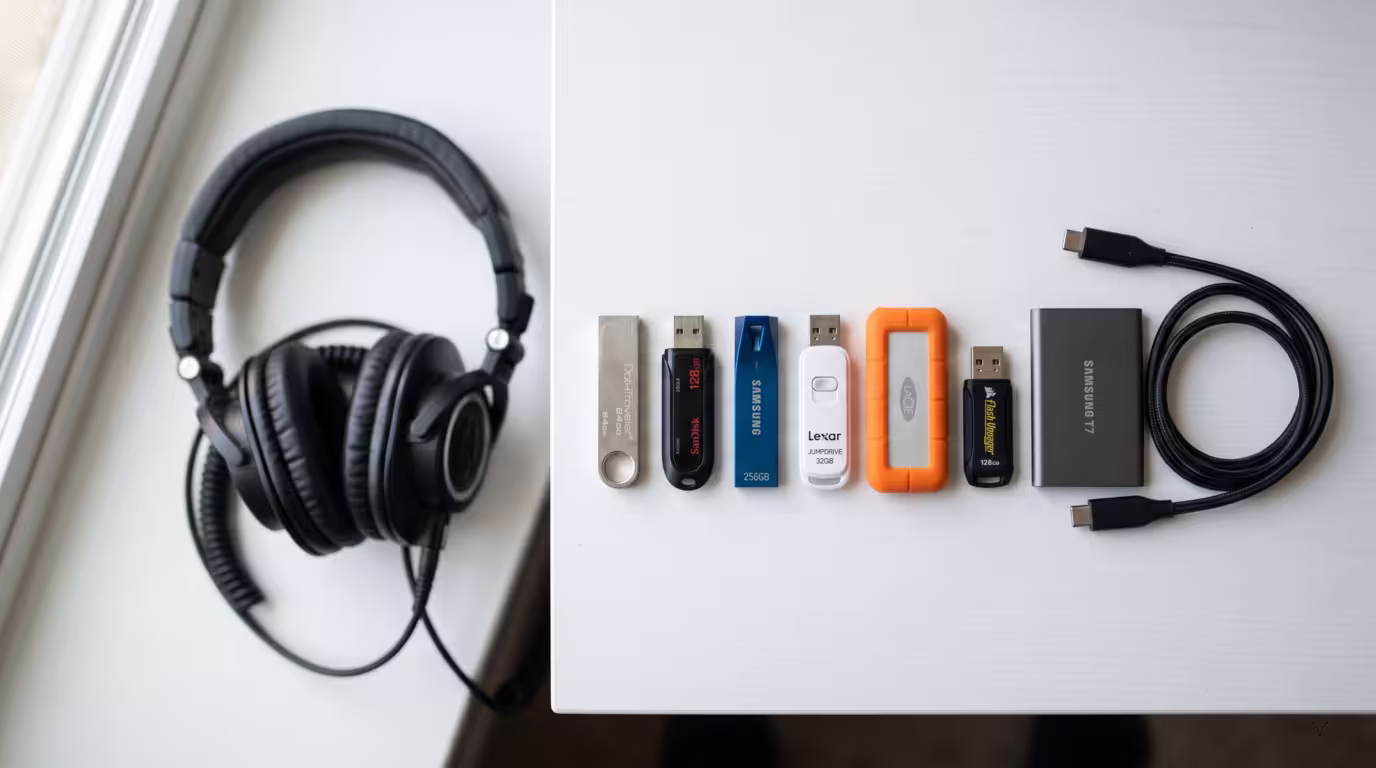 USB sticks and an external SSD on a bright desk