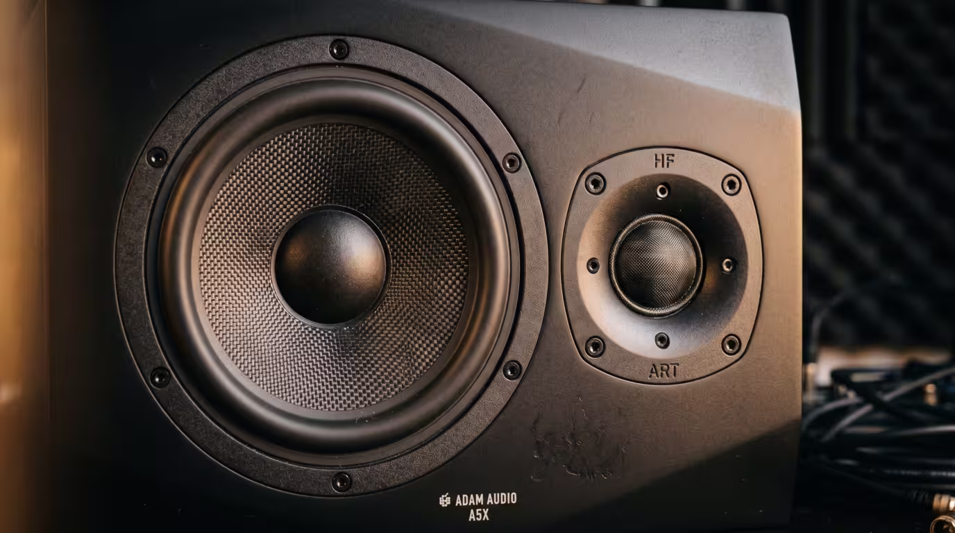 A studio monitor close-up showing the woofer and tweeter that reproduce low and high frequencies