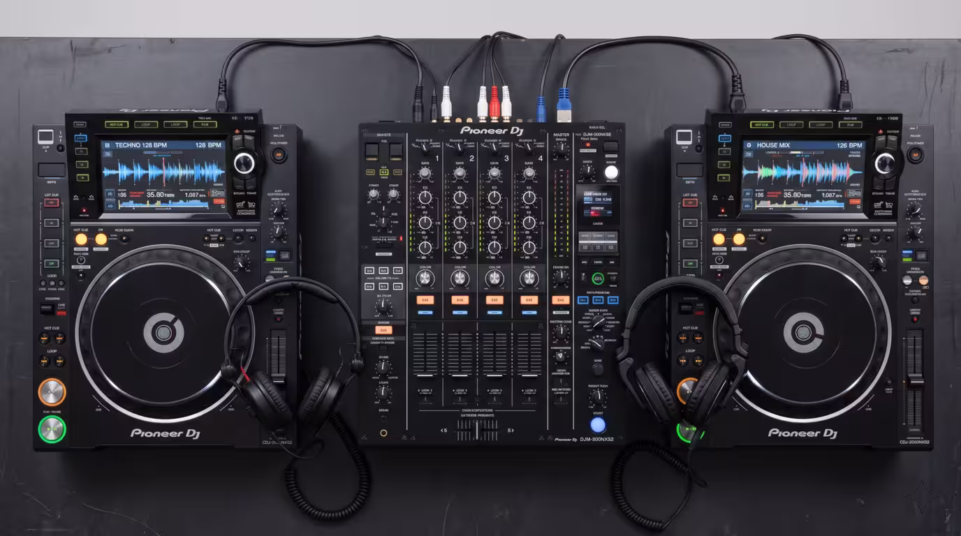 Overhead view of two CDJs and a mixer, the shared two-deck B2B setup