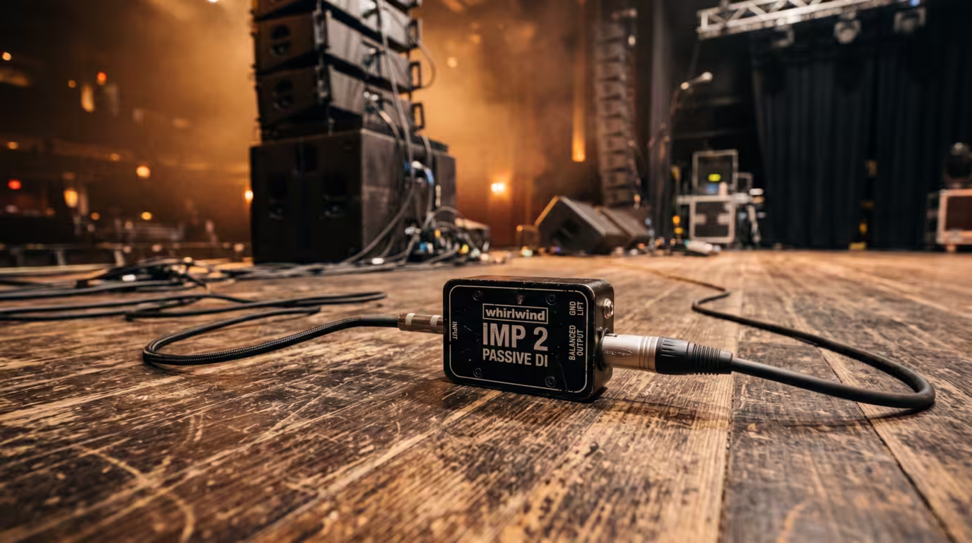A DI box on a stage floor converting an unbalanced input to a balanced XLR output
