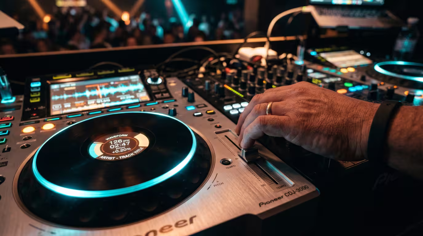 A DJ's hand on the pitch/tempo fader of a CDJ