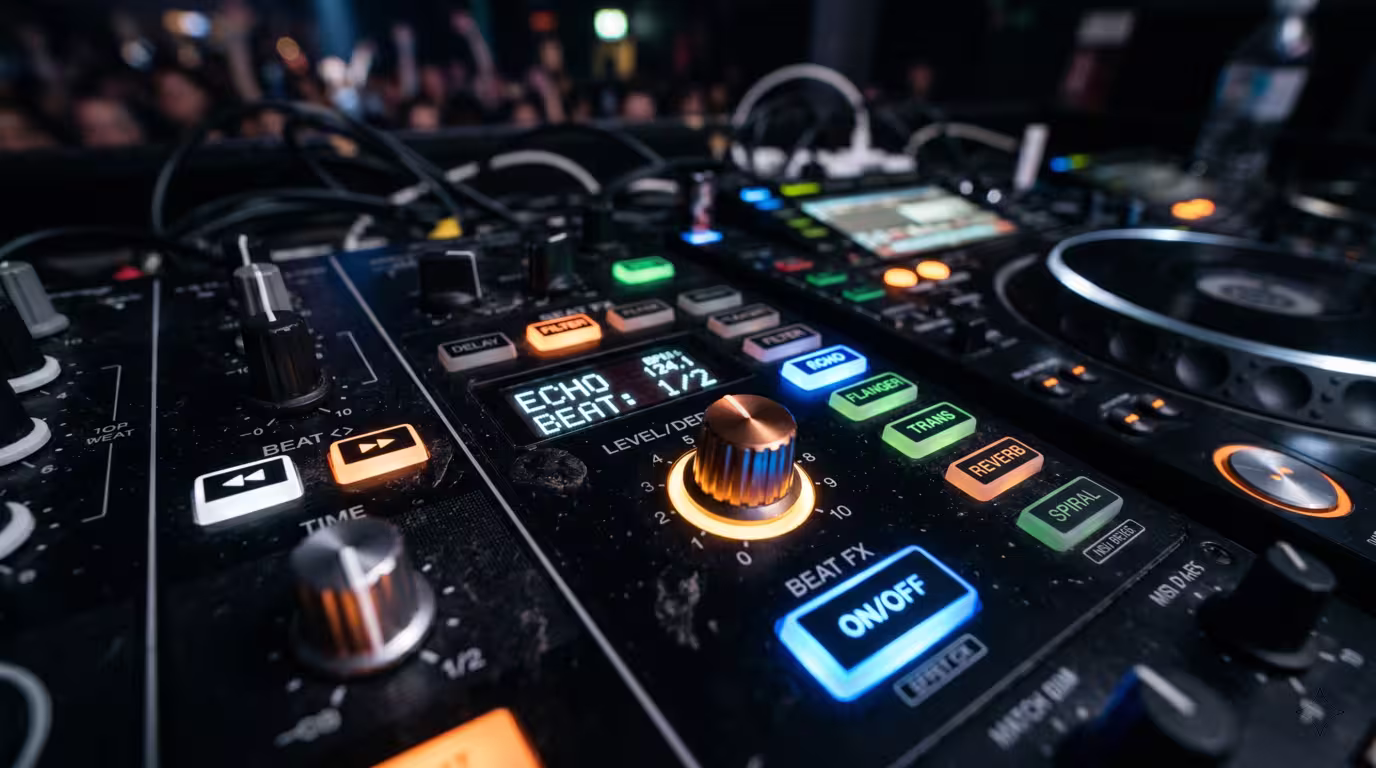 The Beat FX echo controls on a club mixer used for an echo-out transition