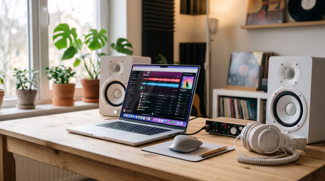 Laptop music library on a bright studio desk flanked by studio monitors