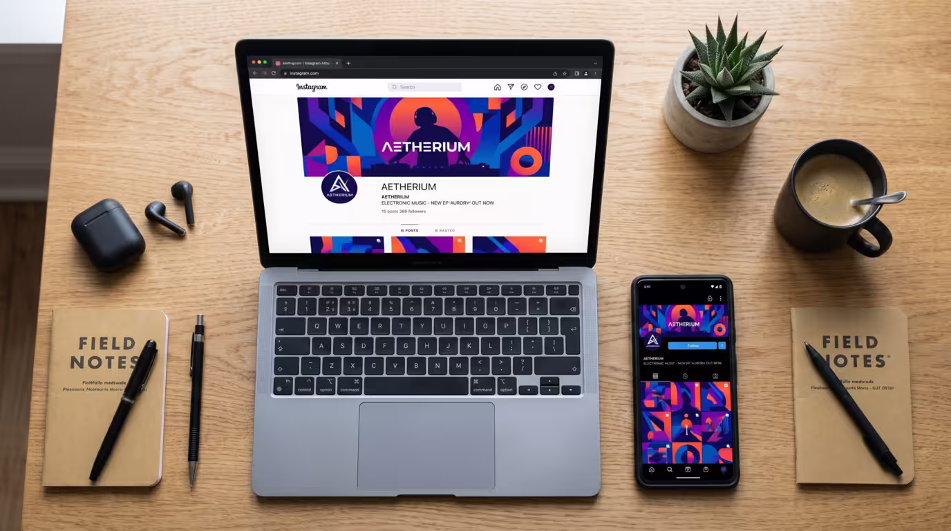 Matching DJ social profiles and cover art shown across phone and laptop screens