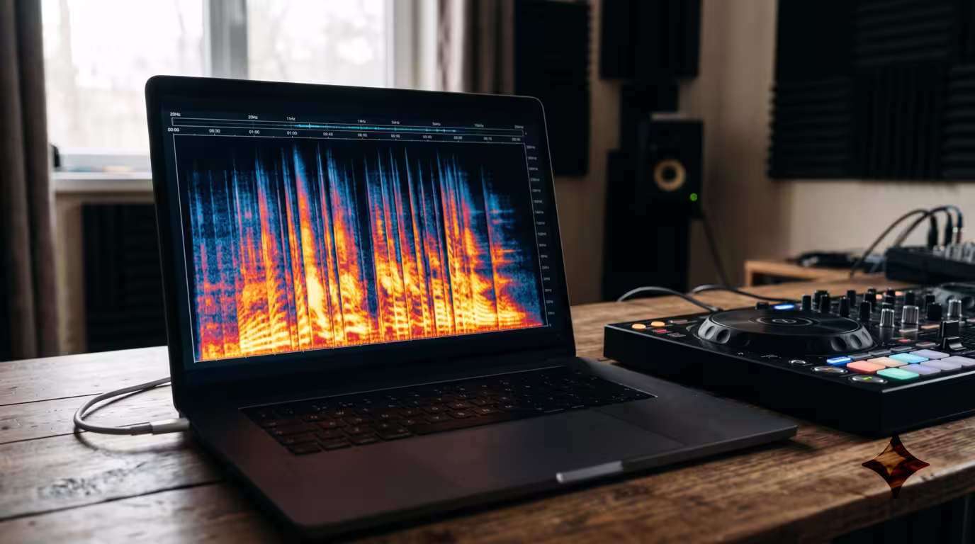 Laptop displaying an audio spectrogram next to a DJ controller