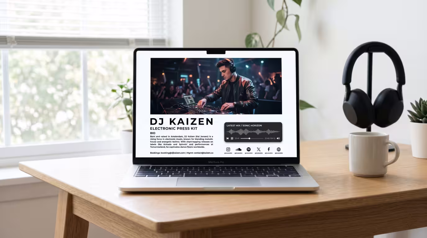 A laptop showing a clean one-page DJ EPK website with a press photo, bio, and music player