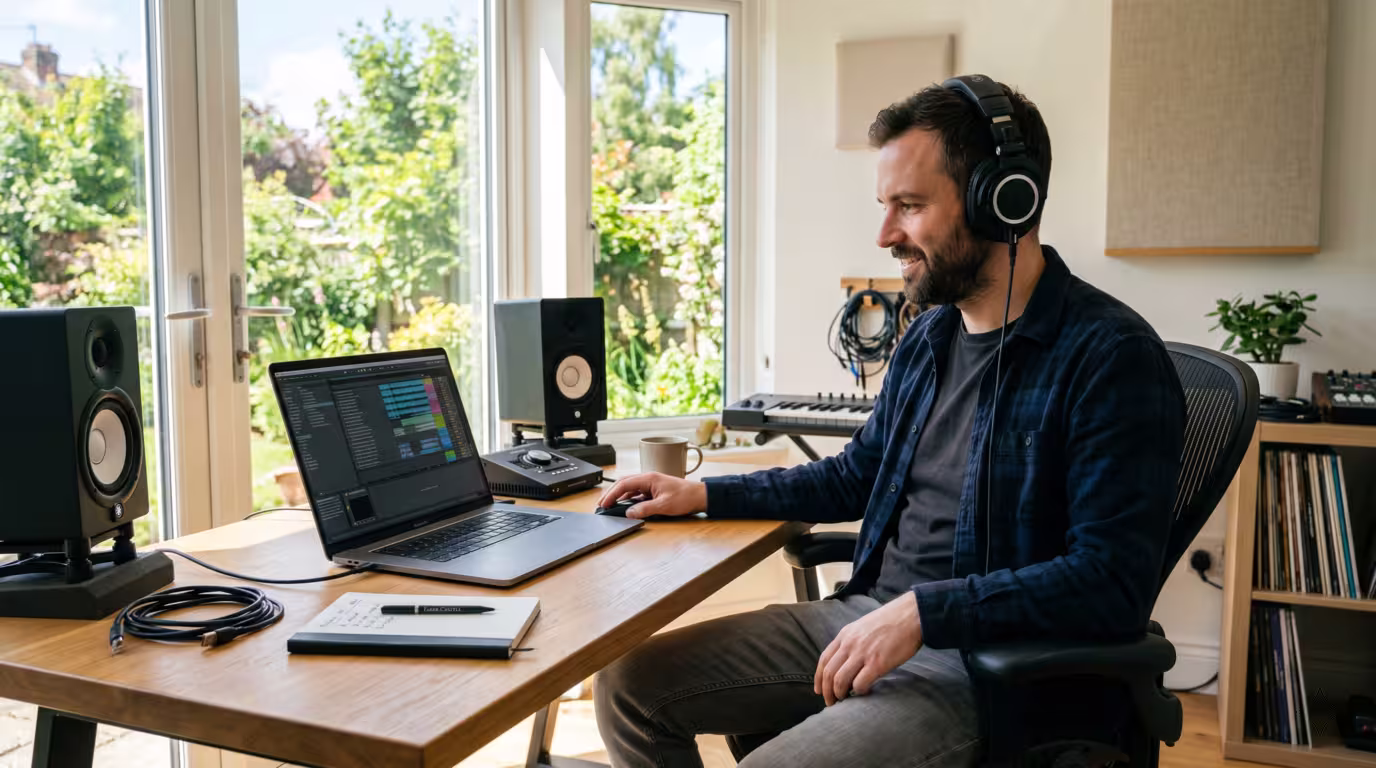 A producer auditions tracks on a laptop with headphones at a daylit desk