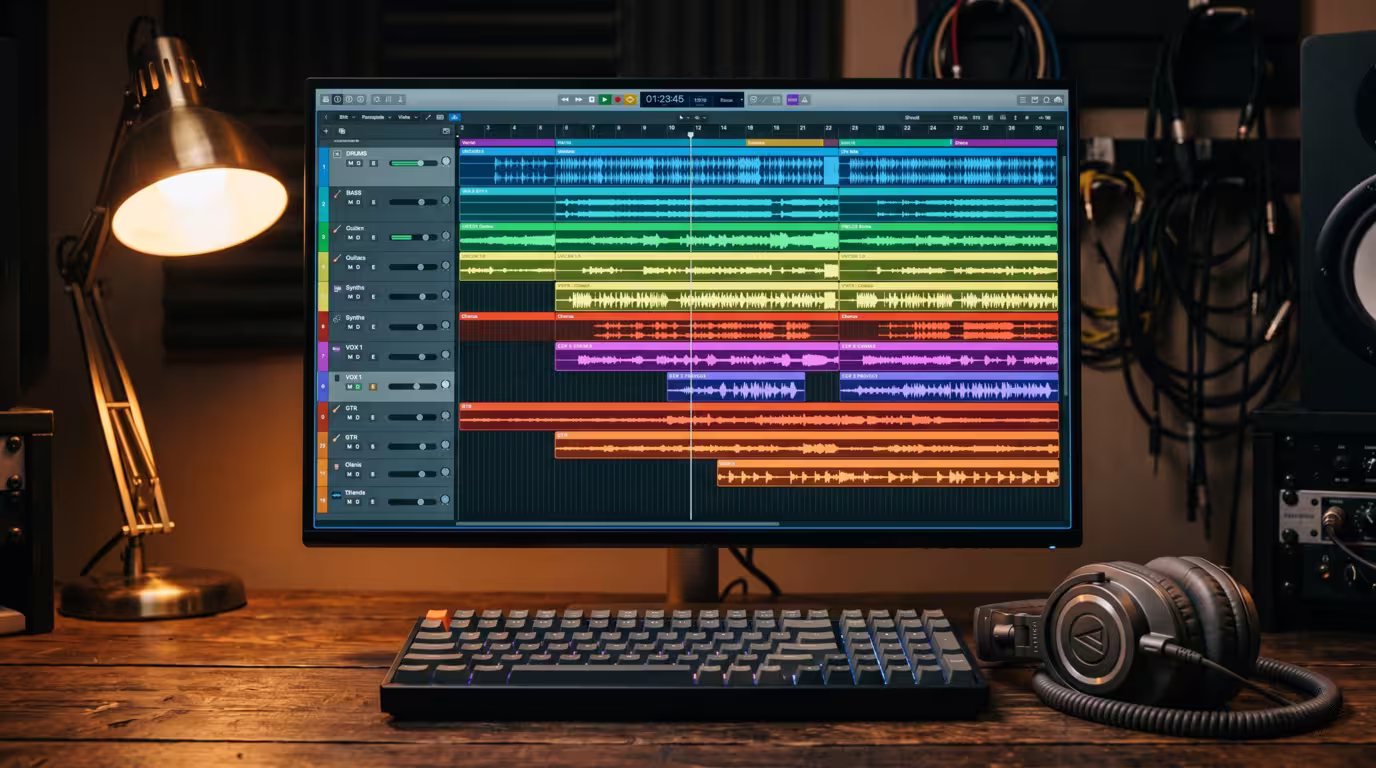 A DAW screen showing separated stem tracks and waveforms next to studio headphones