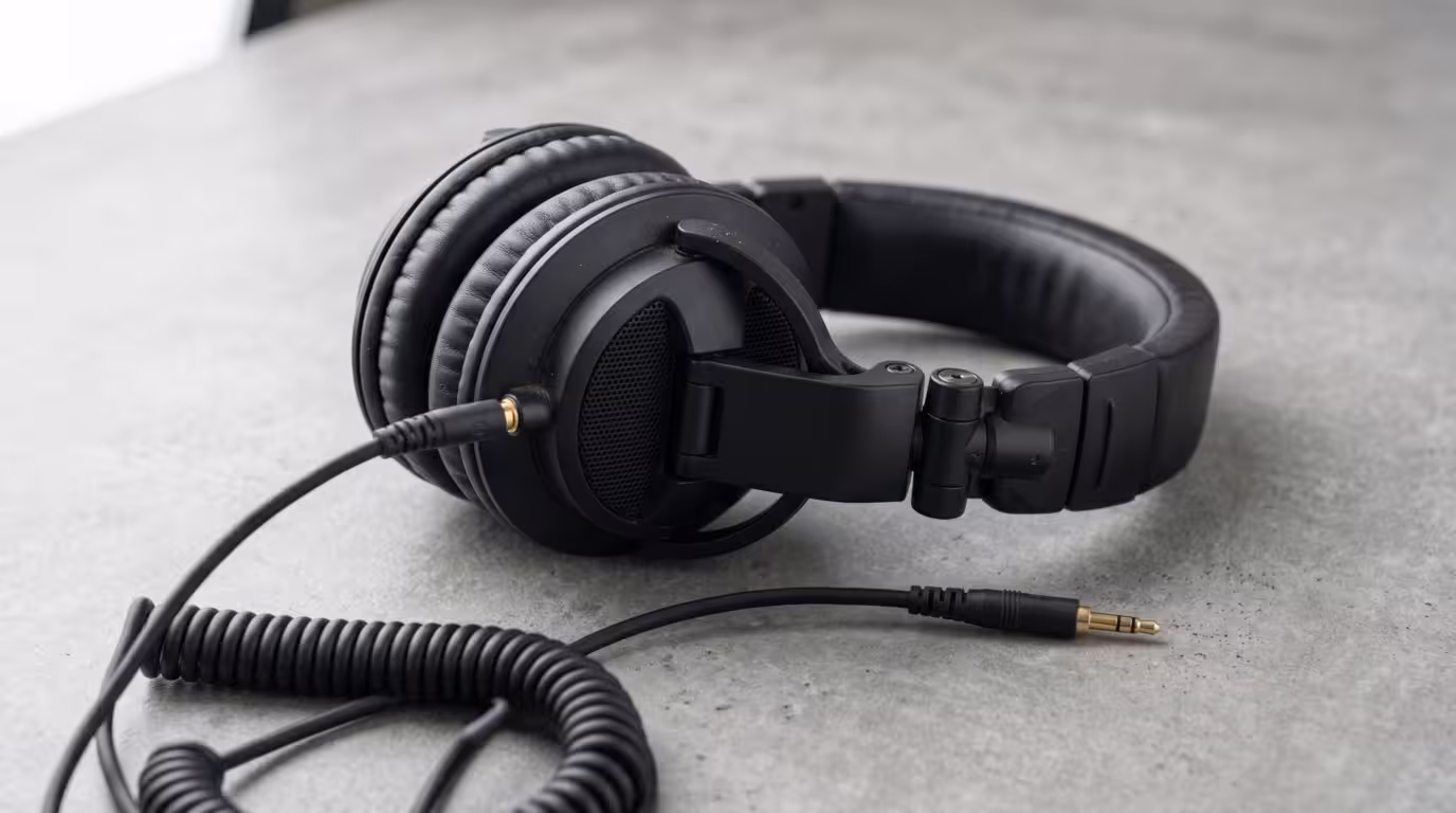 Closed-back DJ headphones with one ear cup swivelled outward on its hinge
