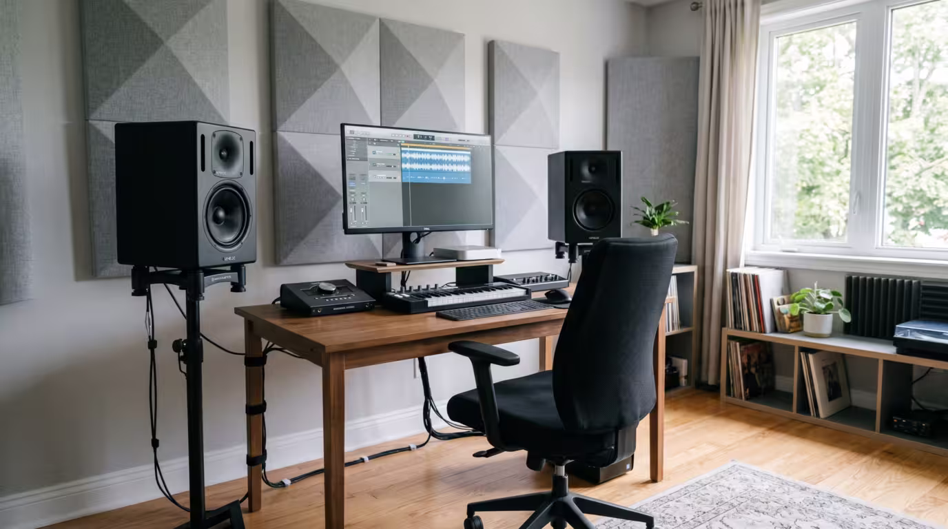 Two nearfield studio monitors on stands angled toward a central listening position in a home studio