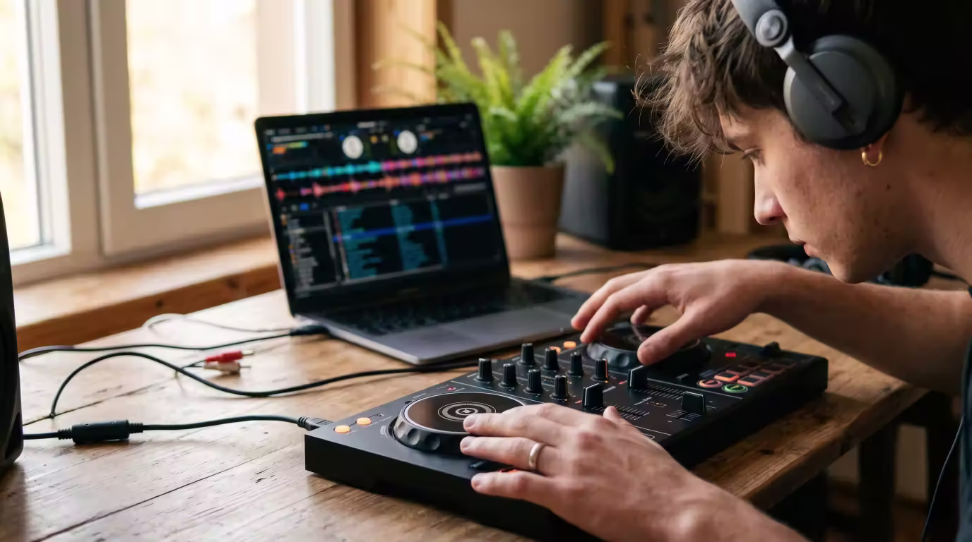 A beginner cueing a track in headphones on a two-channel DJ controller