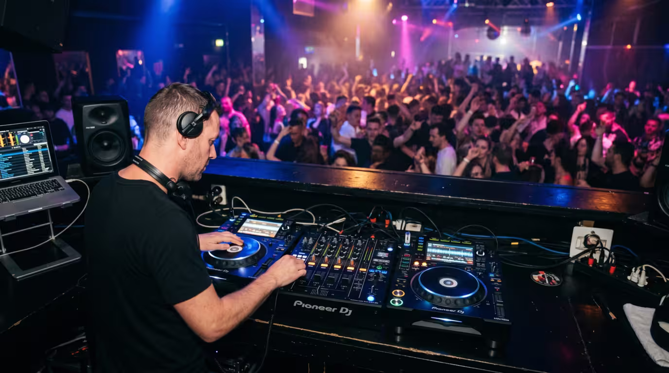 A club DJ booth with two CDJ players and a DJM mixer installed on the counter