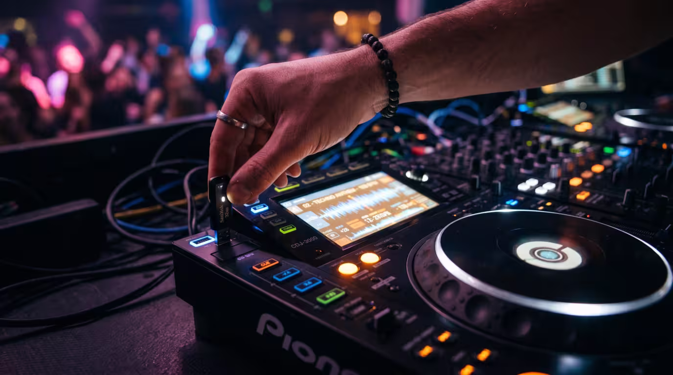 A DJ inserting a USB stick into a CDJ player