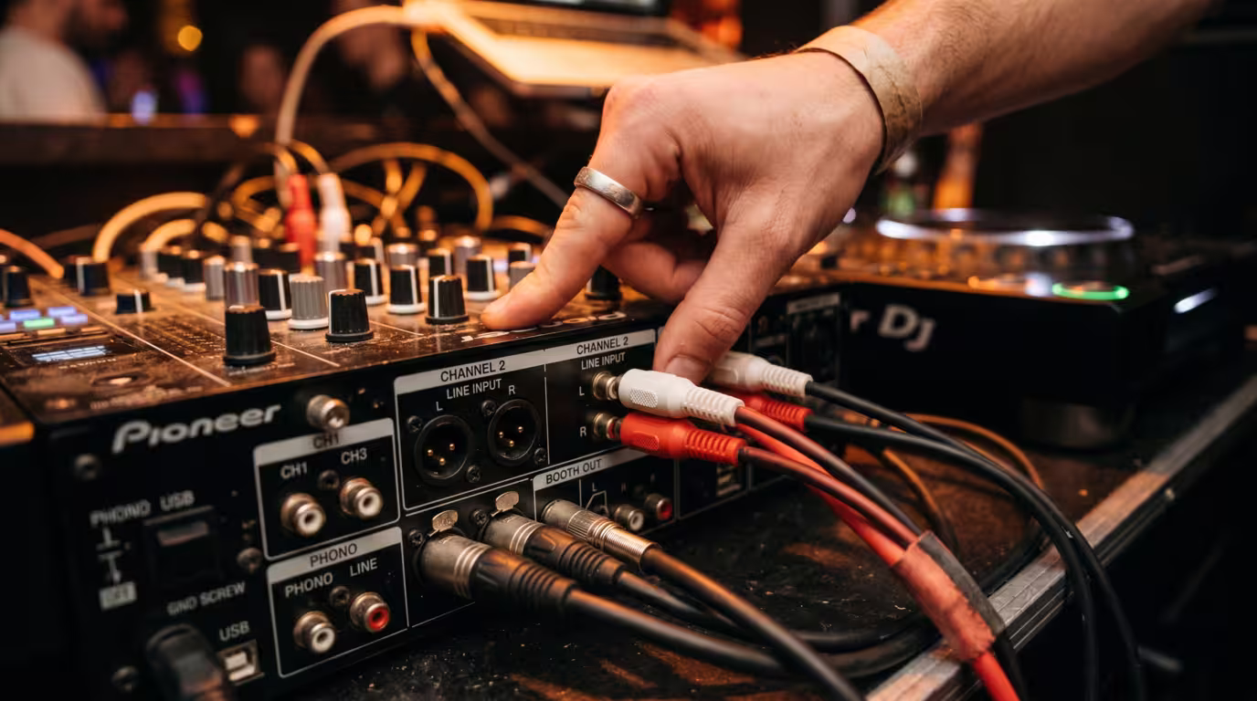 An RCA cable being connected to a line input on the back of a DJ mixer