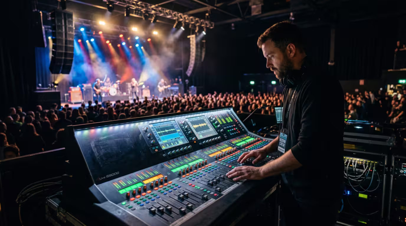 A sound engineer working at a front-of-house console in a venue