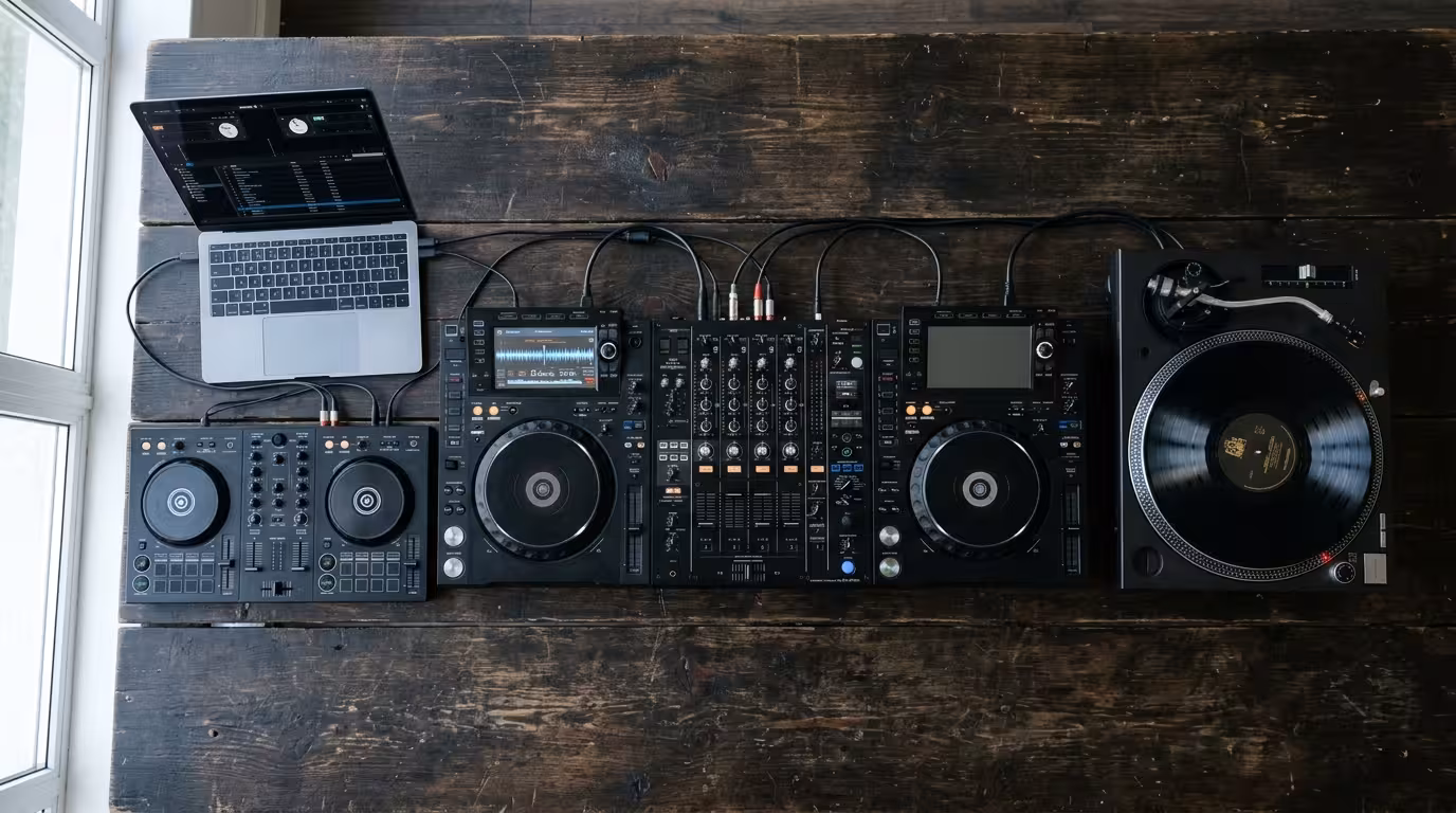 Three DJ setups compared: a controller with laptop, standalone players with a mixer, and a turntable with vinyl