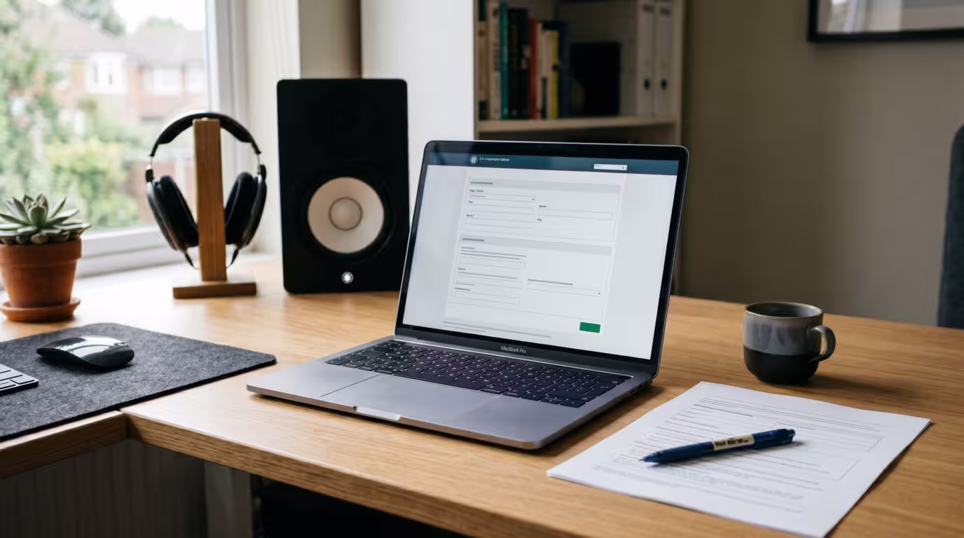 Laptop showing a copyright registration web page on a tidy desk with studio gear