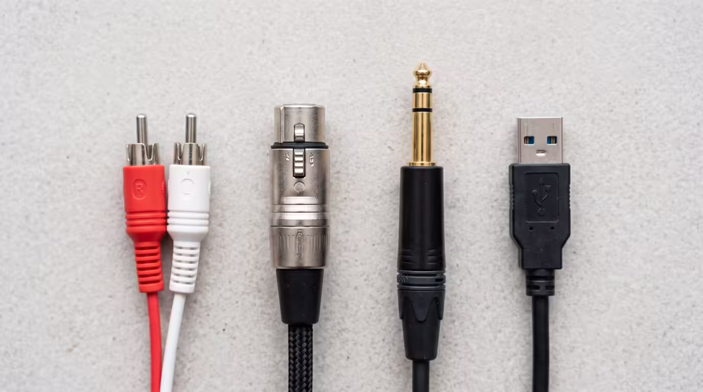 RCA, XLR, quarter-inch TRS and USB connectors laid out side by side on a neutral surface