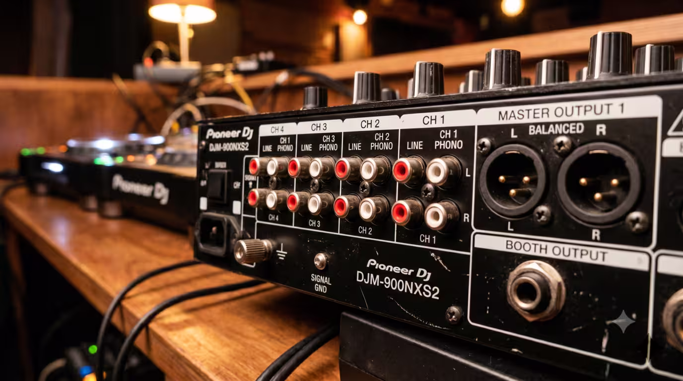 Rear panel of a DJ mixer showing RCA phono and line inputs, XLR master outputs, TRS booth out and a ground terminal