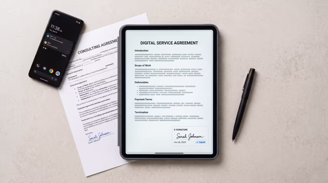 A tablet showing a contract with an e-signature field next to a printed agreement and pen