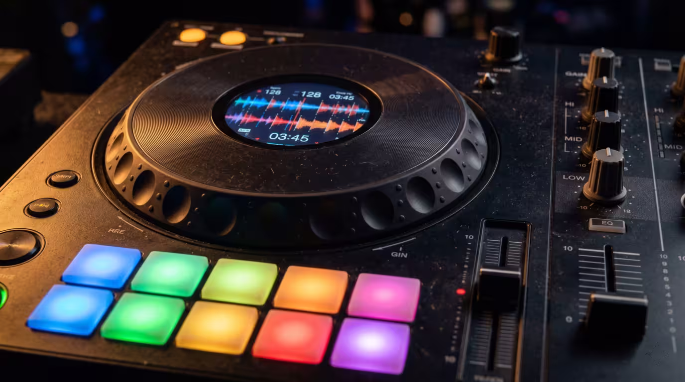 Macro close-up of a DJ controller deck: jog wheel, RGB pads, channel fader and EQ knobs