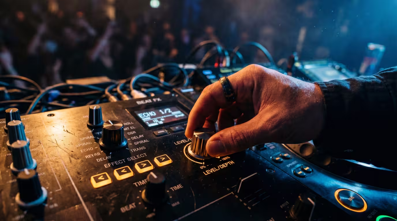 Beat FX section of a Pioneer DJM mixer with effect selector and depth knob