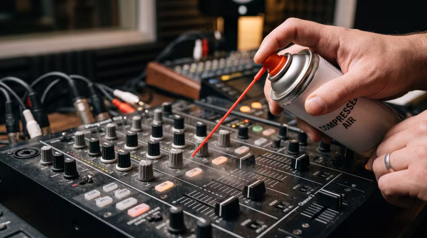 Compressed air being used to clear dust from around mixer faders and knobs