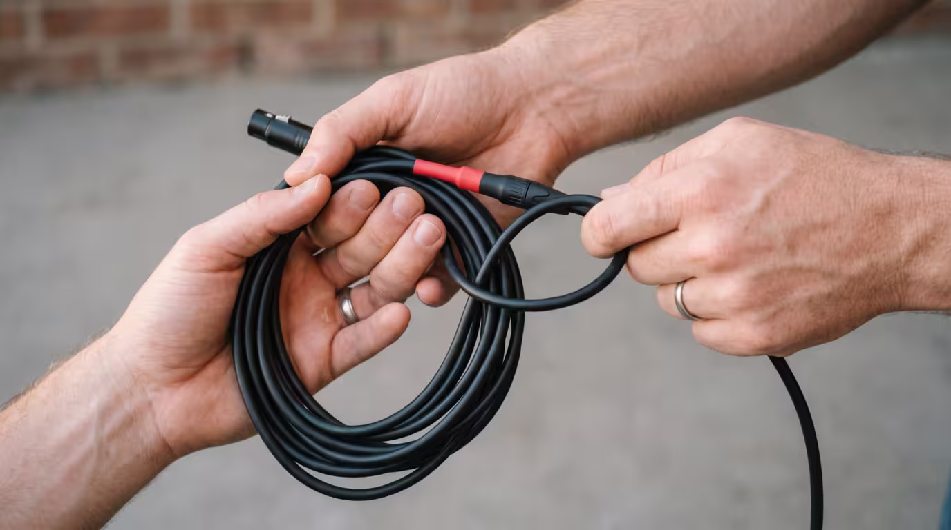 Hands coiling an audio cable using the over-under technique