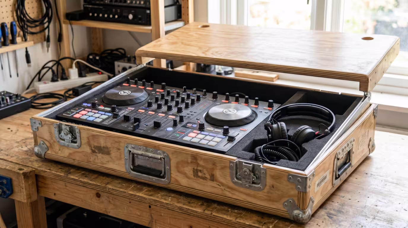 DJ controller and headphones packed in a padded flight case ready for transport