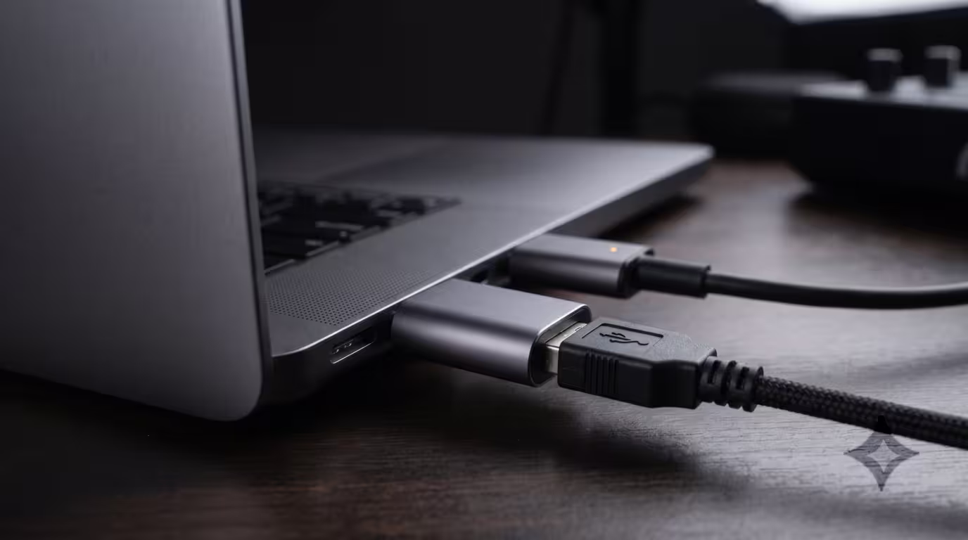 Laptop USB-C ports with a USB-A controller adapter and the power adapter connected