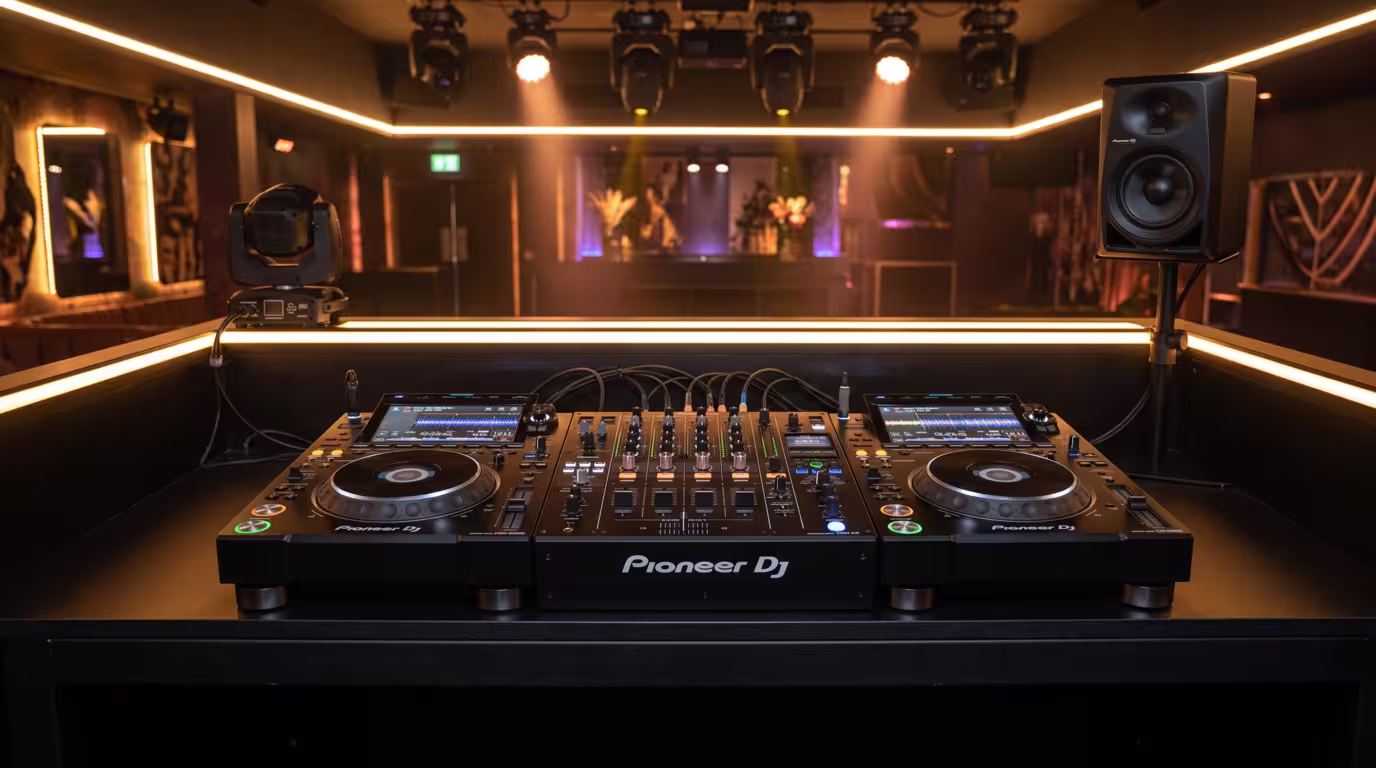 A club DJ booth with two CDJ media players and a DJM mixer, the standard gear a technical rider specifies