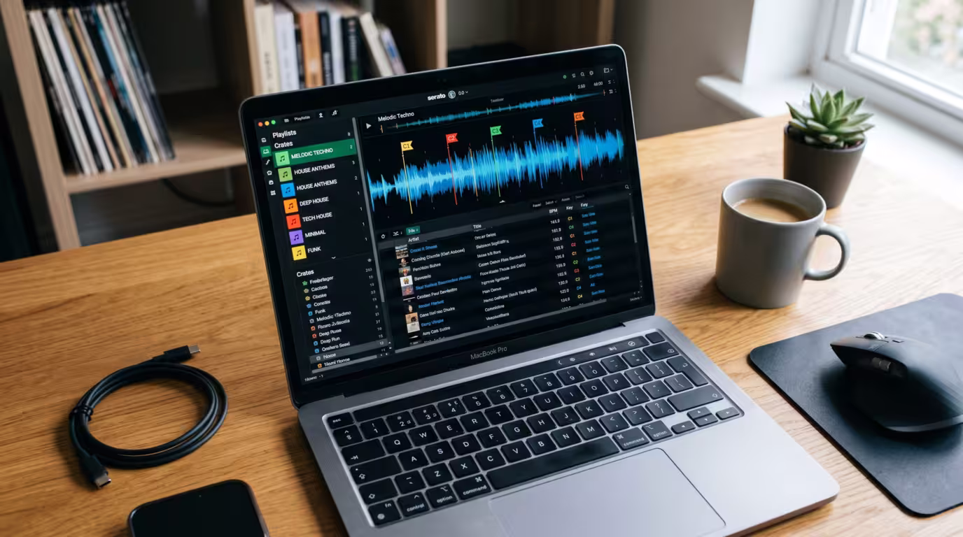 Laptop showing DJ software with organized playlists and an analyzed track with cue points