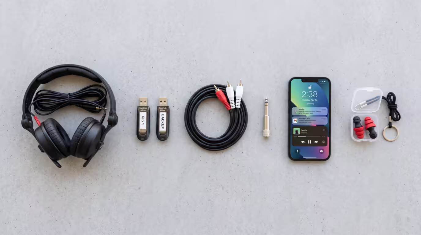 Flat-lay of DJ gig bag essentials including headphones, USB sticks, cable, adapter and earplugs