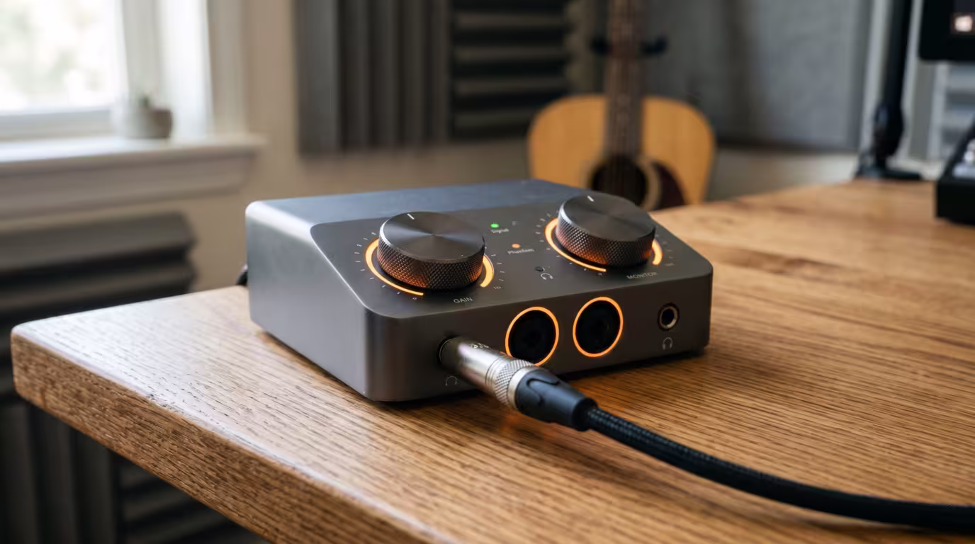 A compact USB audio interface on a desk with a laptop behind it