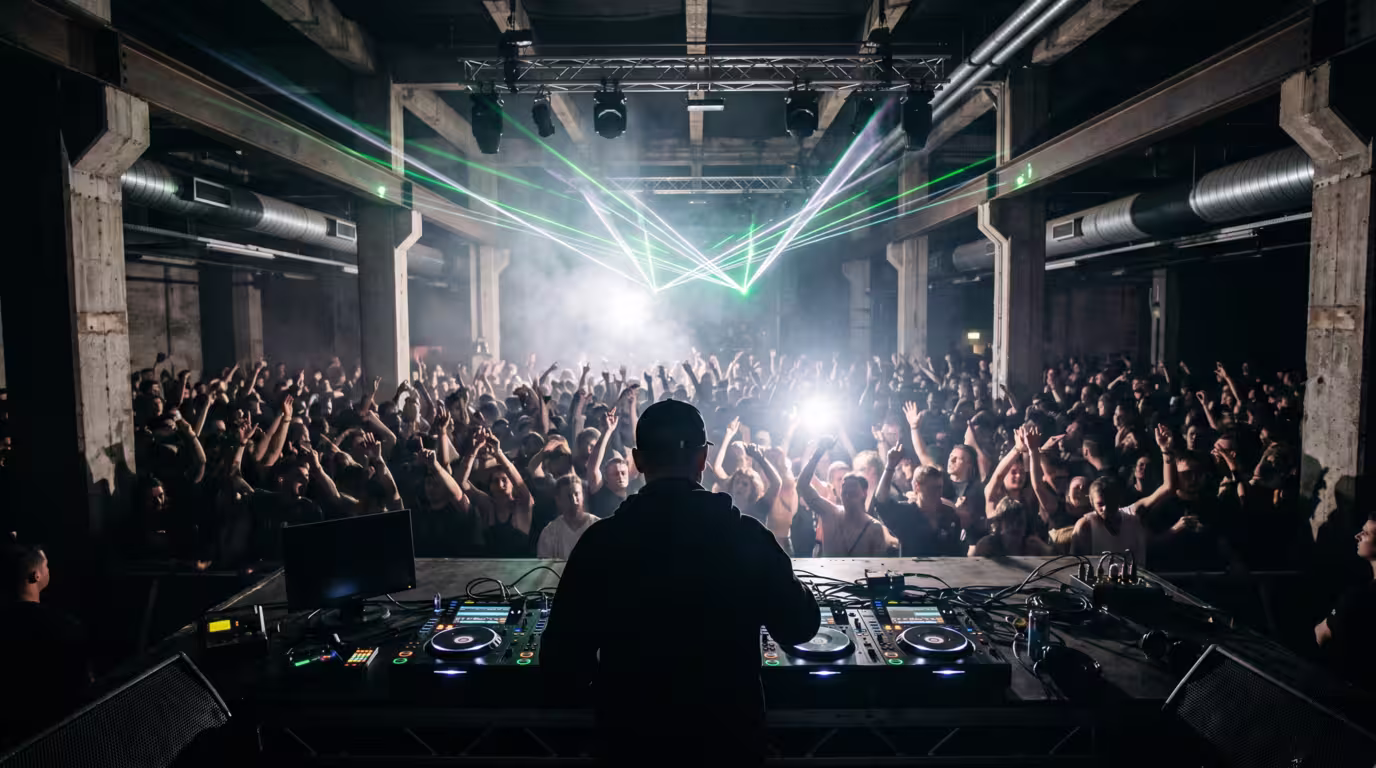 Crowd dancing at an underground warehouse techno rave with lasers and fog