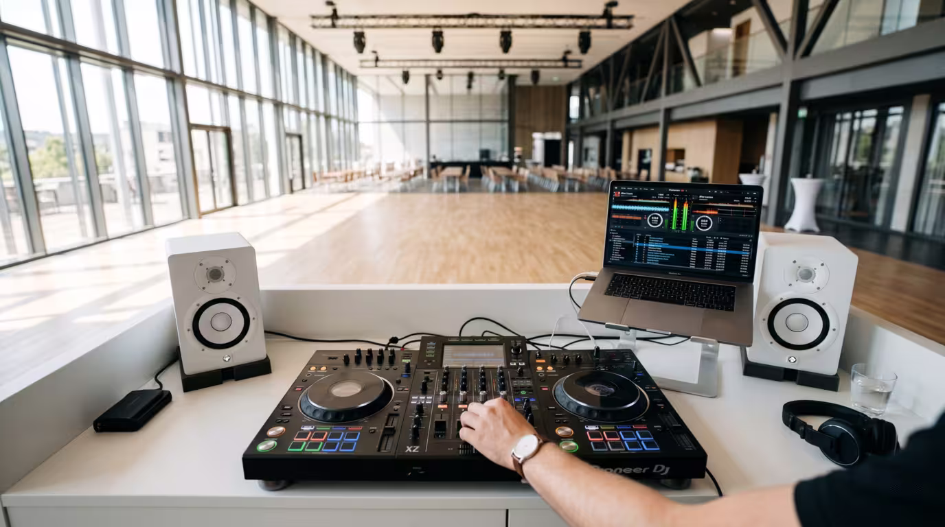 A DJ controller and laptop showing on-screen level meters during a daytime soundcheck in a bright booth