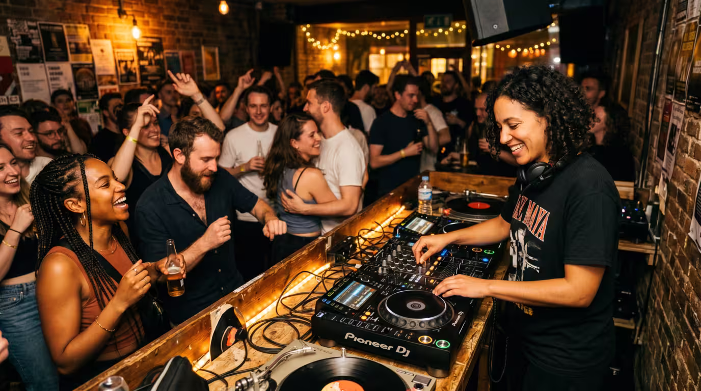 Resident DJ playing to a familiar local crowd in a small club