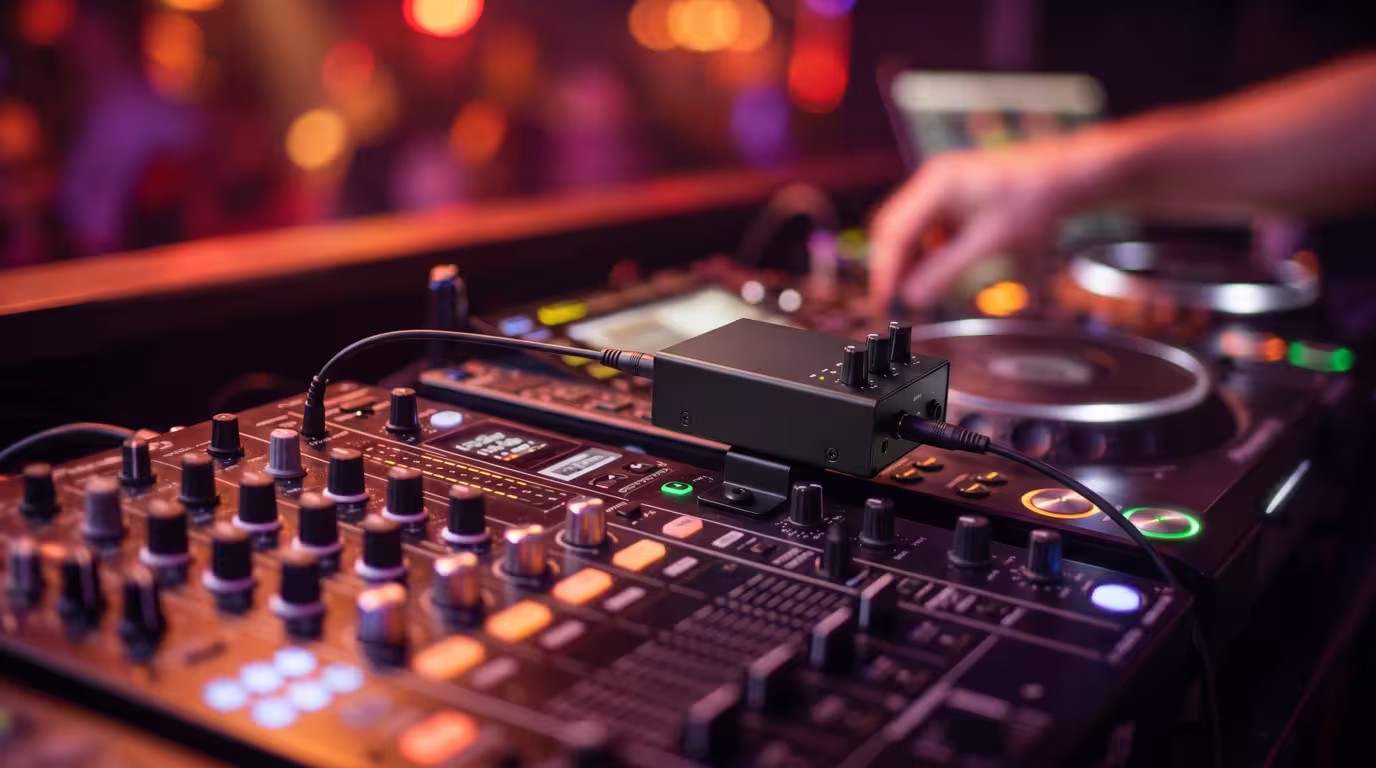 A small audio-monitoring box connected near a DJ mixer in a club