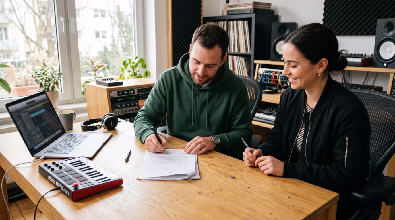 A producer and an artist reviewing and signing a printed agreement at a studio desk