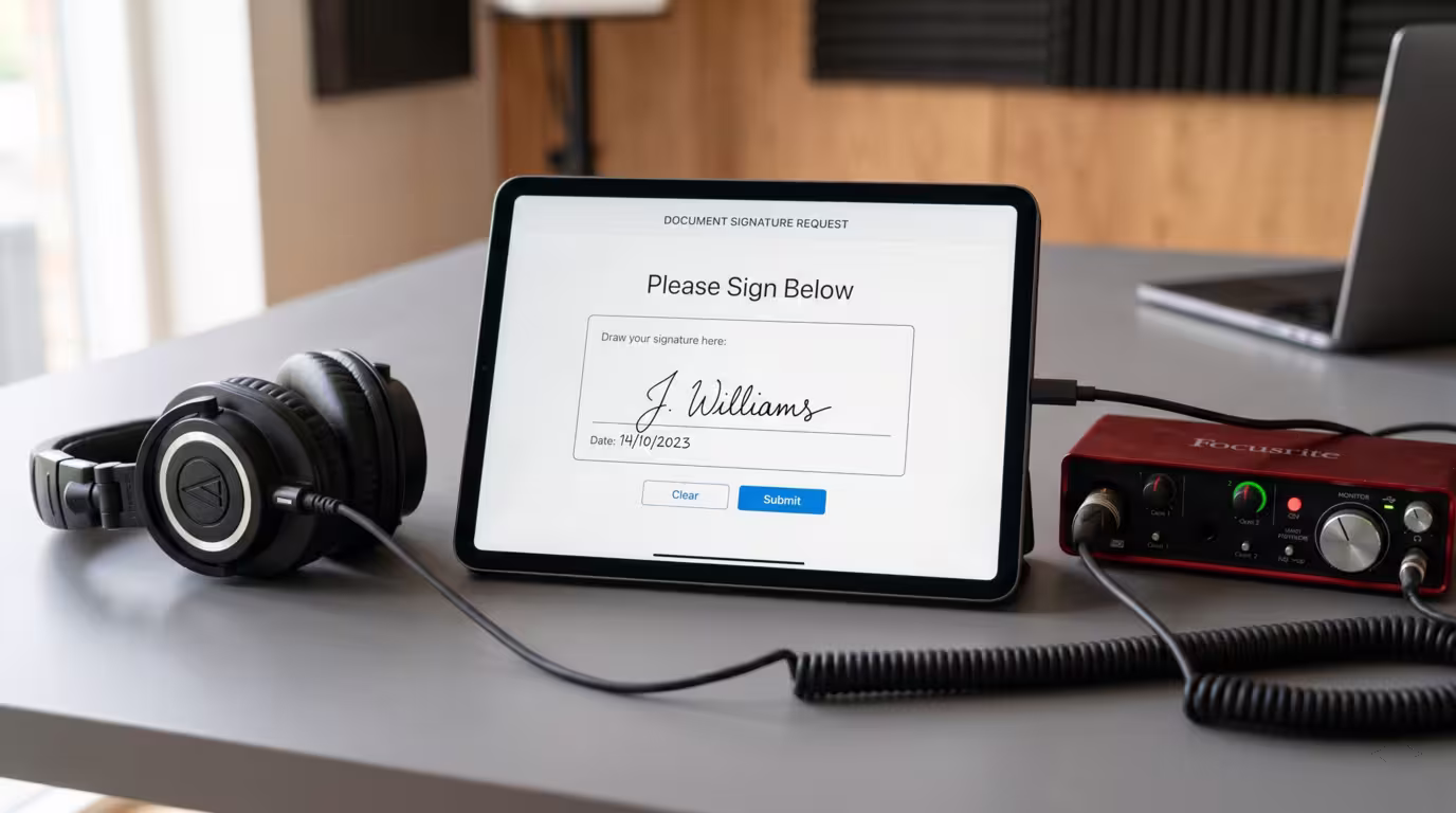 A tablet showing an e-signature next to studio headphones and an audio interface