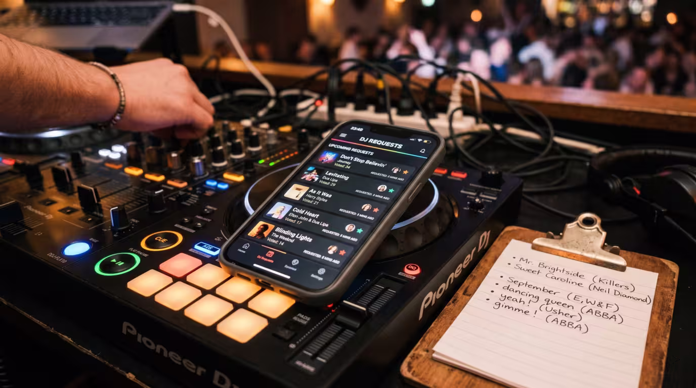 A phone request app and a handwritten request list on a DJ booth