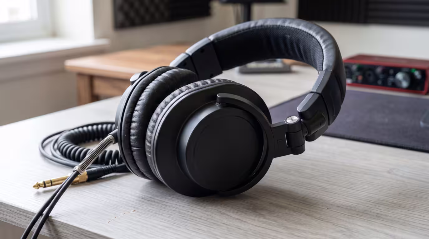 Closed-back DJ headphones on a neutral desk showing sealed ear cups