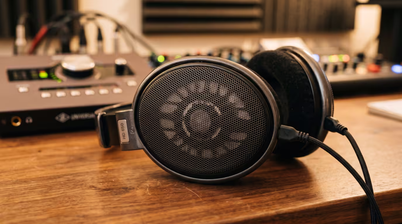Open-back studio headphones showing perforated grille ear cups