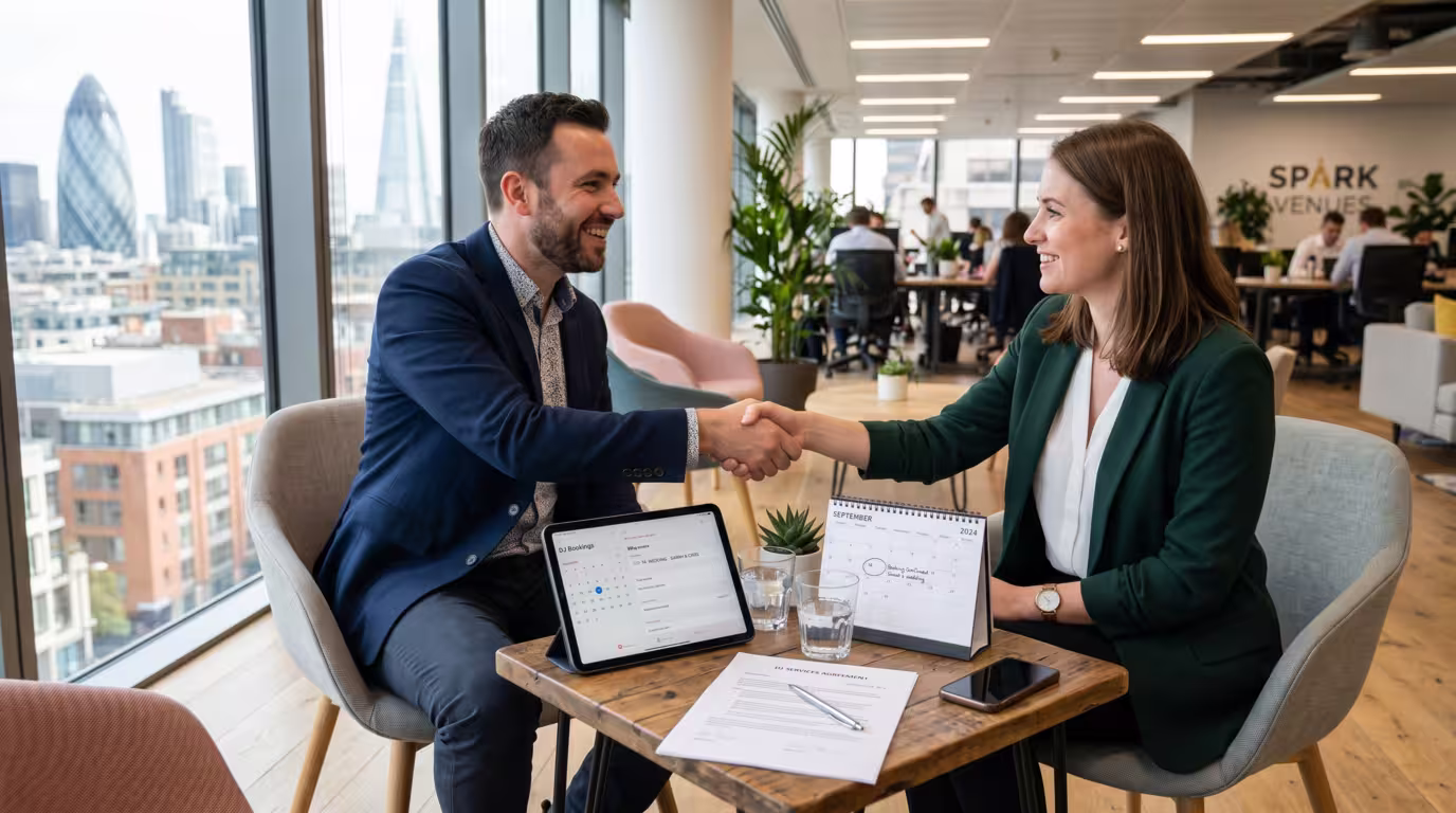 A DJ and a client agreeing a booking over a contract