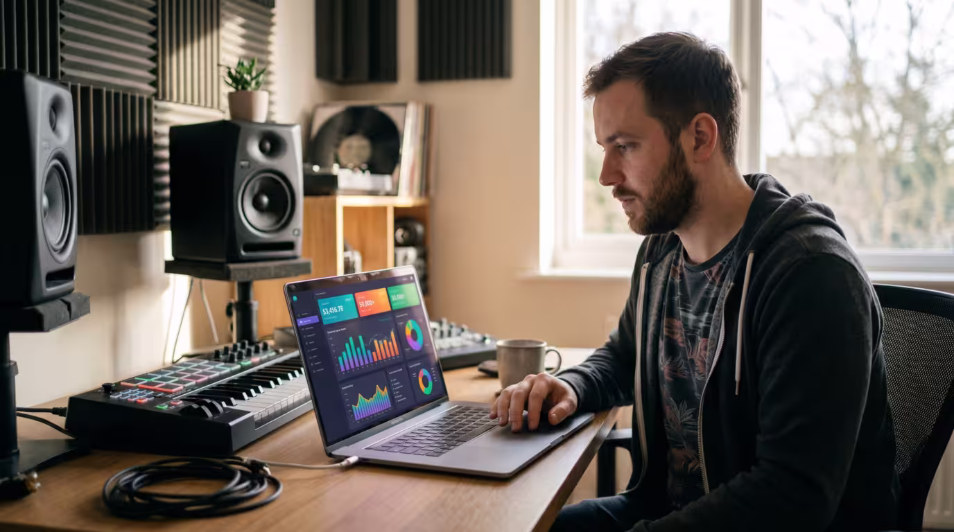 Producer reviewing a streaming-earnings dashboard on a laptop in a home studio