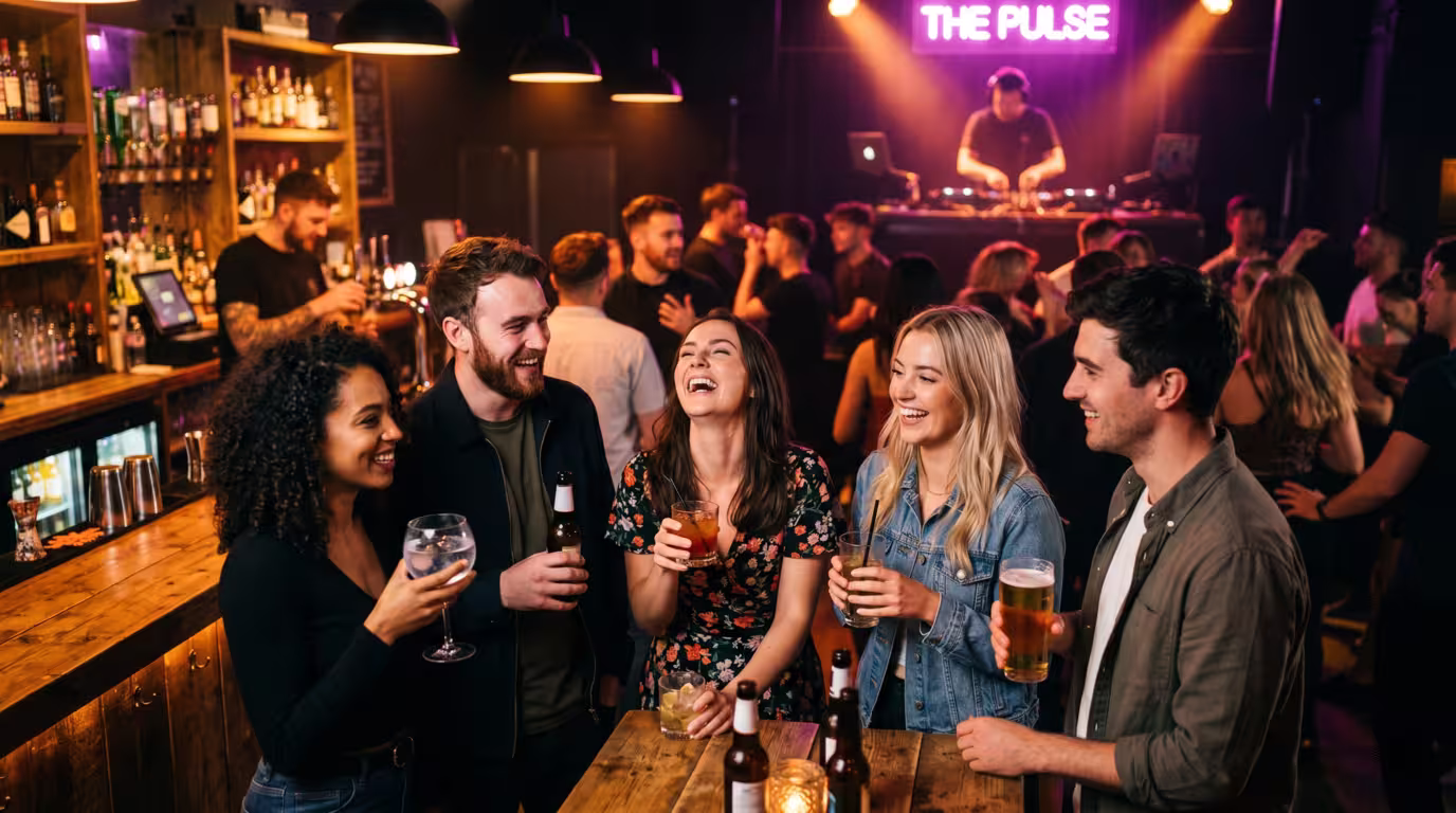 People socializing at a club night near the bar