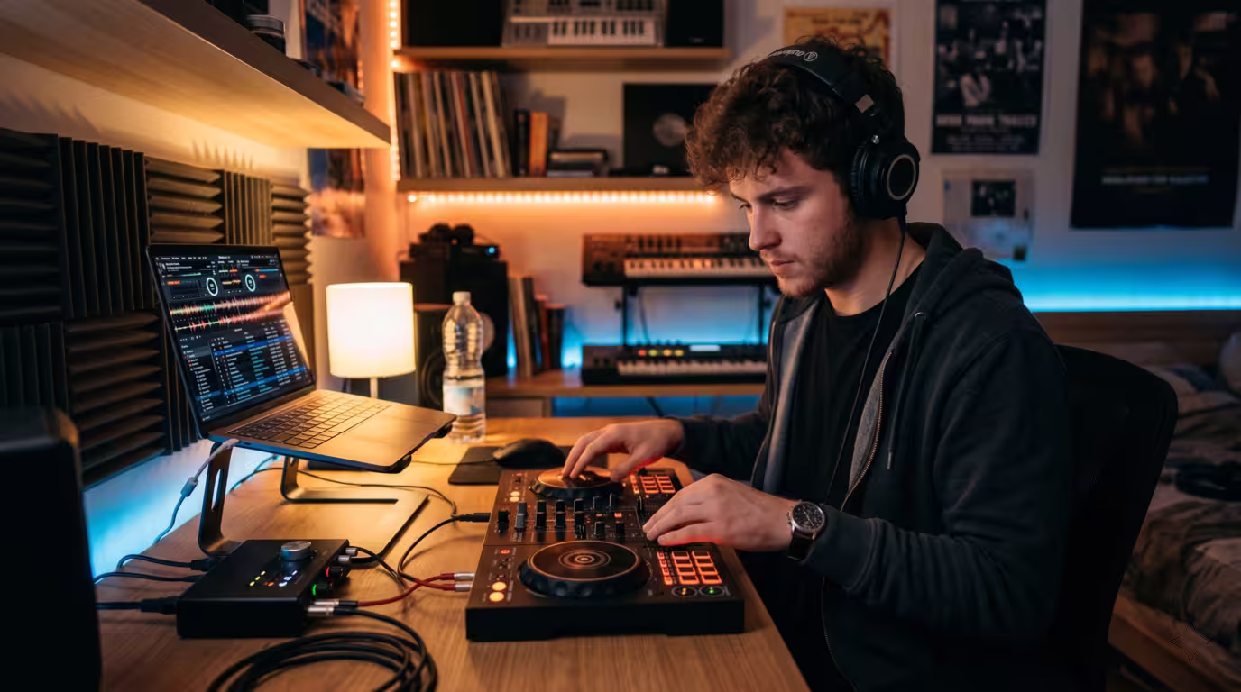 Beginner DJ practicing at home on a controller and laptop with headphones