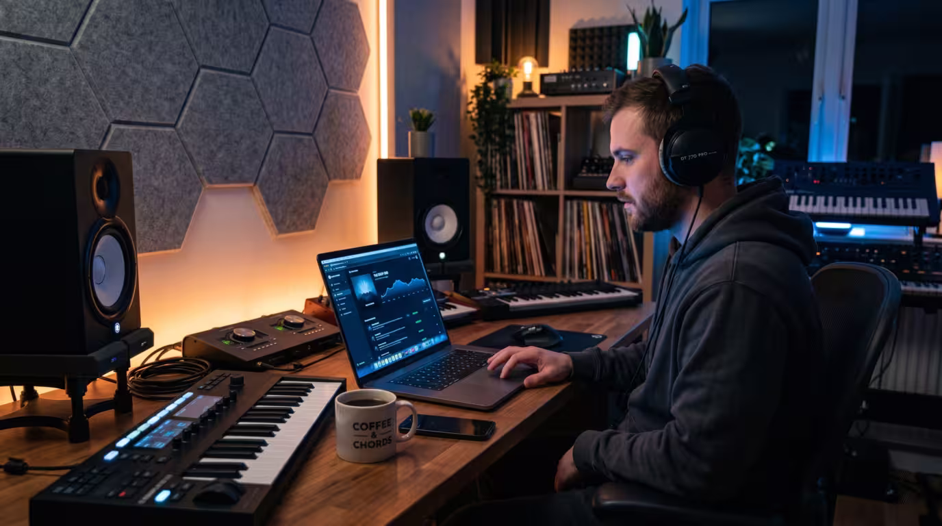 A producer uploading a release from a distribution dashboard in a home studio