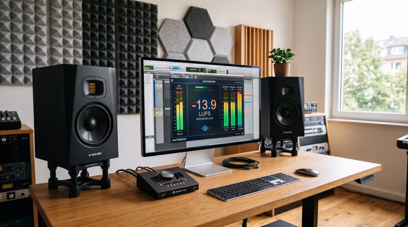 A loudness meter plugin shown on a screen in a daylit mastering studio